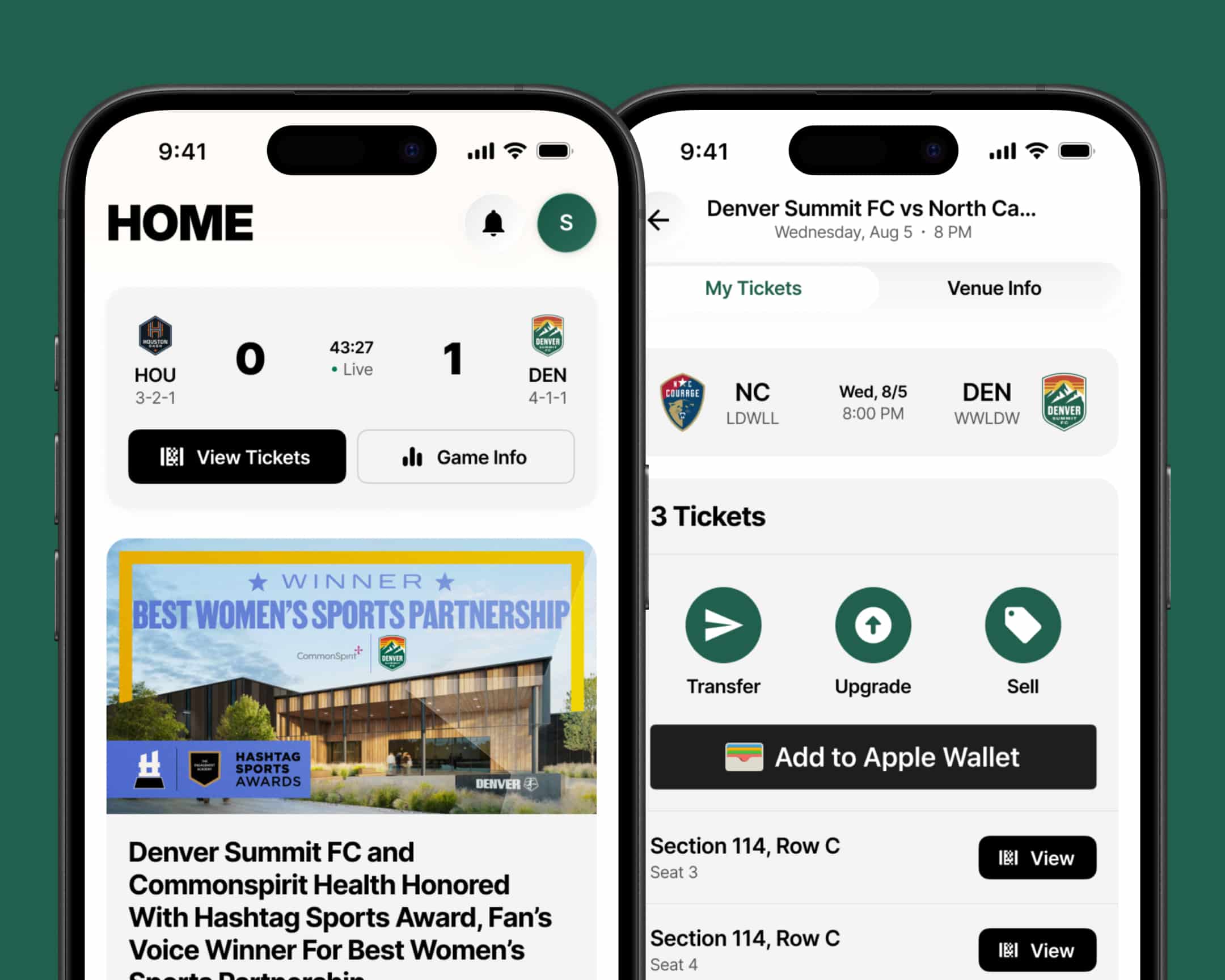 Denver Summit FC Ticket Management screens on official app